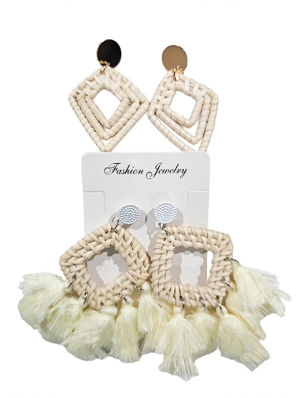 Fashion Jewelry Cream Woven Tassel Hoop Earrings